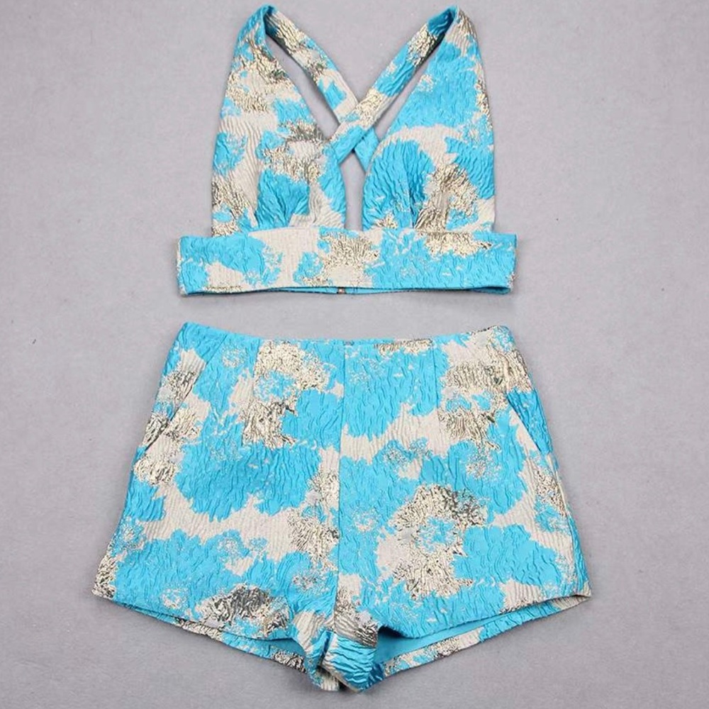 Ella Blue Two Piece Jacquard Set